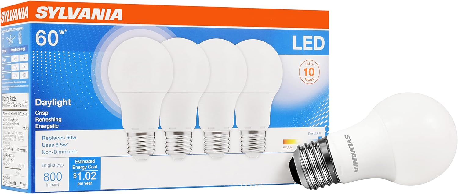 Sylvania LED Light Bulb, 60W Equivalent A19, Efficient 8.5W, Medium Base, Frosted Finish, 800 Lumens, Daylight - 4 Pack (79284) - new
