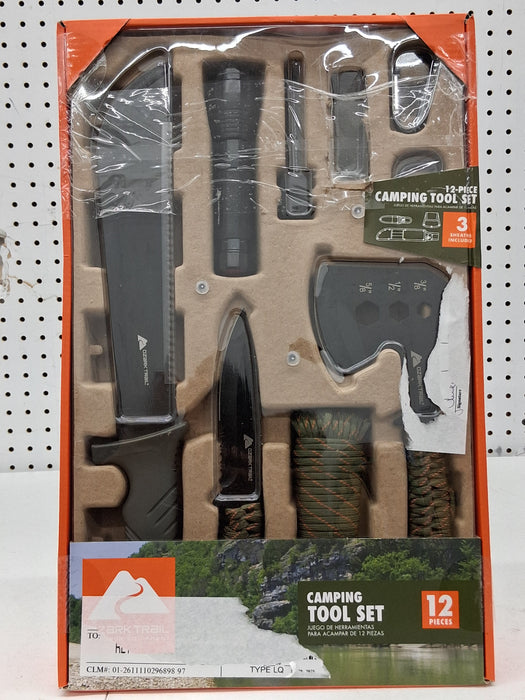 Ozark Trail 12-Pack Camping Tool Set with 180-Lumen Flashlight, 10" Machete, 4.5" Hatchet, 5" Knife, Sharpening Stone, Fire Starter, 50 Foot Utility Cord and Carabiners, Mossy Oak Dna Camo - new