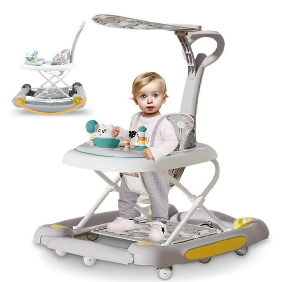 LHUAI 6-in-1 Baby Walker With Wheels, Bouncer, Removable Footrest, Feeding Tray & Music, Foldable & Adjustable Activity Walker For Boys And Girls, Toddler Infant, Grey - new