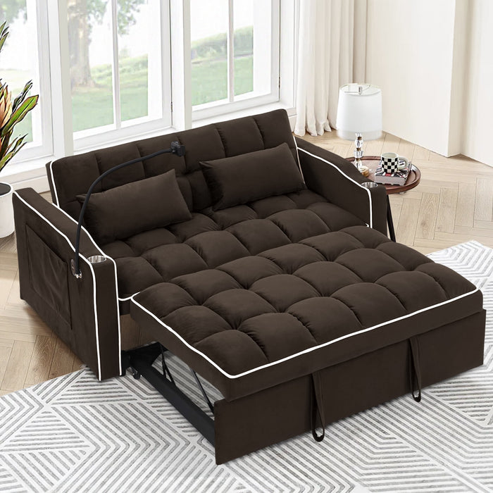 Dinosisco 3-in-1 Convertible Loveseat Sleeper, 55" Futon Sofa Bed with Phone Stand, USB, Brown Velvet - new