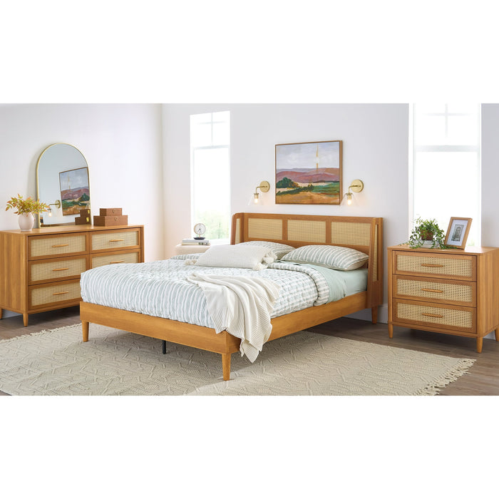 Better Homes & Gardens Springwood Caning Queen Platform Bed With Headboard, Light Honey Finish - new