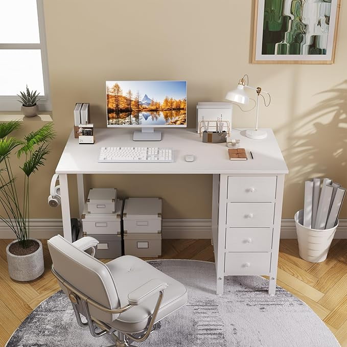 Lufeiya Small White Desk with Fabric Drawers, 40 Inch Kids Girls Teen Cute Study Desk for Bedroom Work, Computer Writing Table Desks with Drawer for Small Spaces Home Office - new