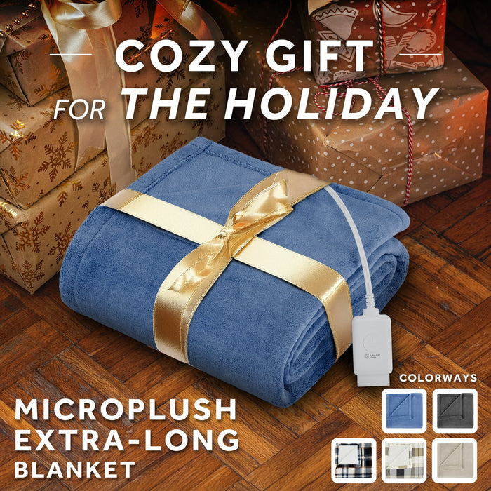 Sunbeam Electric Heated Throw Blanket Oversize Blue Corduroy Microplush 4 Heat Settings - open_box