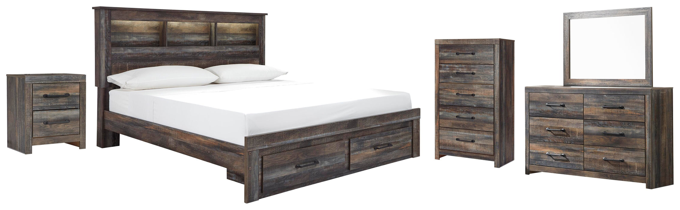Drystan Multi Drystan King Bookcase Bed with 2 Storage Drawers with Mirrored Dresser, Chest and Nightstand