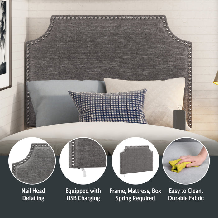 Hillsdale Upholstered Hanging Twin Headboard with Nailhead and USB Charging, Gray - open_box