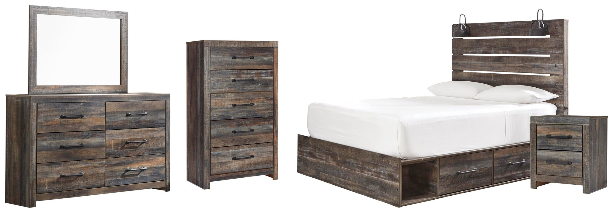 Drystan Multi Drystan Queen Panel Bed with 2 Storage Drawers, Dresser, Mirror, Chest and Nightstand