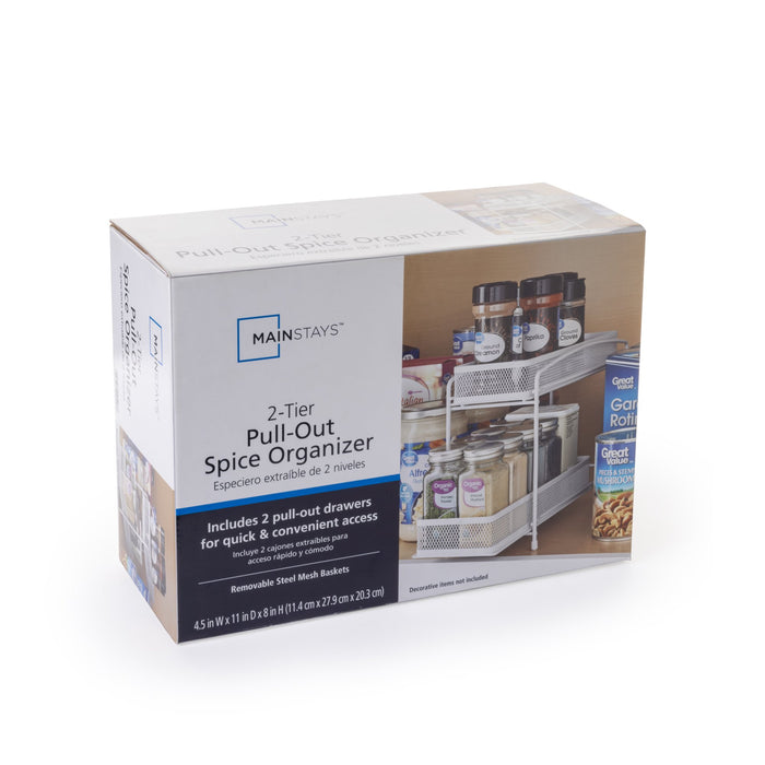 Mainstays 2-Tier Pull-Out Spice Organizer, White, 4.5" x 11" - new