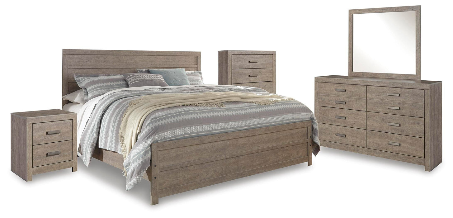 Culverbach Gray Culverbach King Panel Bed with Mirrored Dresser, Chest and Nightstand - Brand New