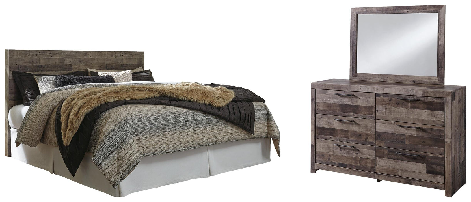 Derekson Multi Gray Derekson King Panel Headboard Bed with Mirrored Dresser