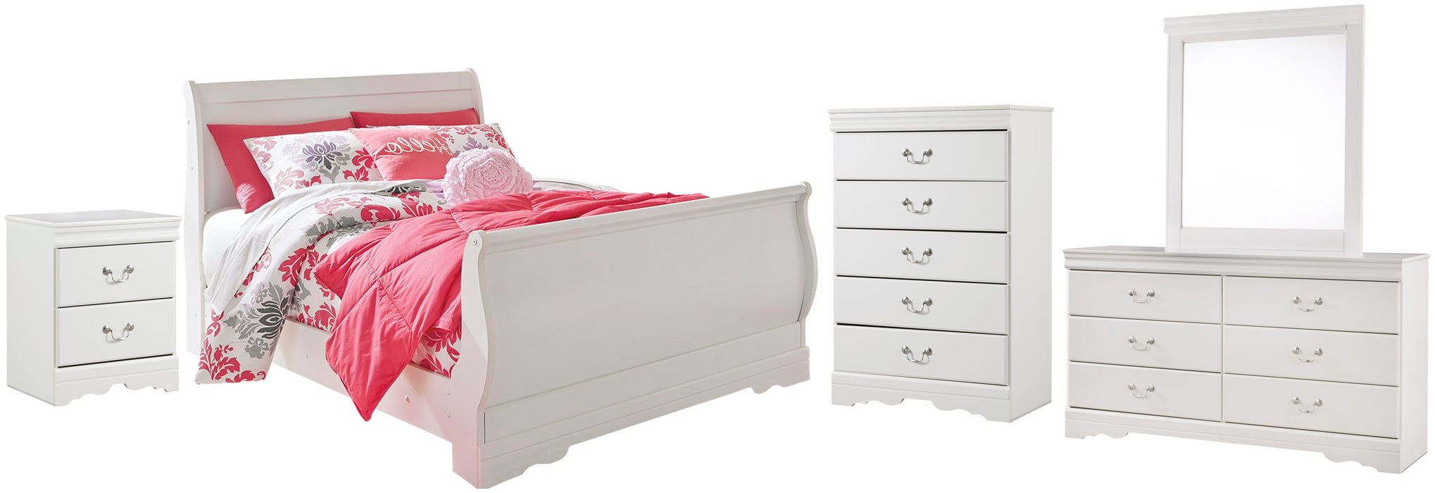 Anarasia White Anarasia Full Sleigh Bed, Dresser, Mirror, Chest and Nightstand