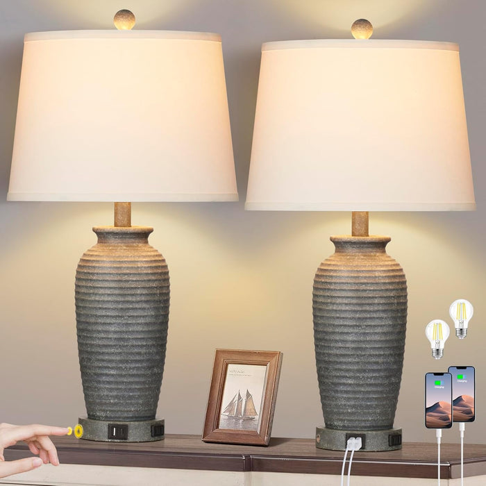 25" Farmhouse Jar Table Lamps Set of 2, 3 Way Touch Control Rustic Bedside Lamps with USB A+C Ports & AC Outlet, Pot Nightstand Lamps for Bedroom Living Room (LED Bulbs Included) - new