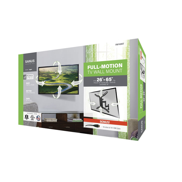 SANUS VuePoint Full-Motion TV Wall Mount for TVs 26"-65" up to 55 lbs, Comes with 9.8' 4K HDMI Cable - new