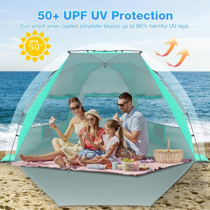 Beach Tent, 4-6 Person Pop-up Beach Tent Sun Shelter, UPF 50+ UV Protection Portable Waterproof Beach Tent, Sunshade with Extendable Floor for Family, Fishing, Camping, Green - new