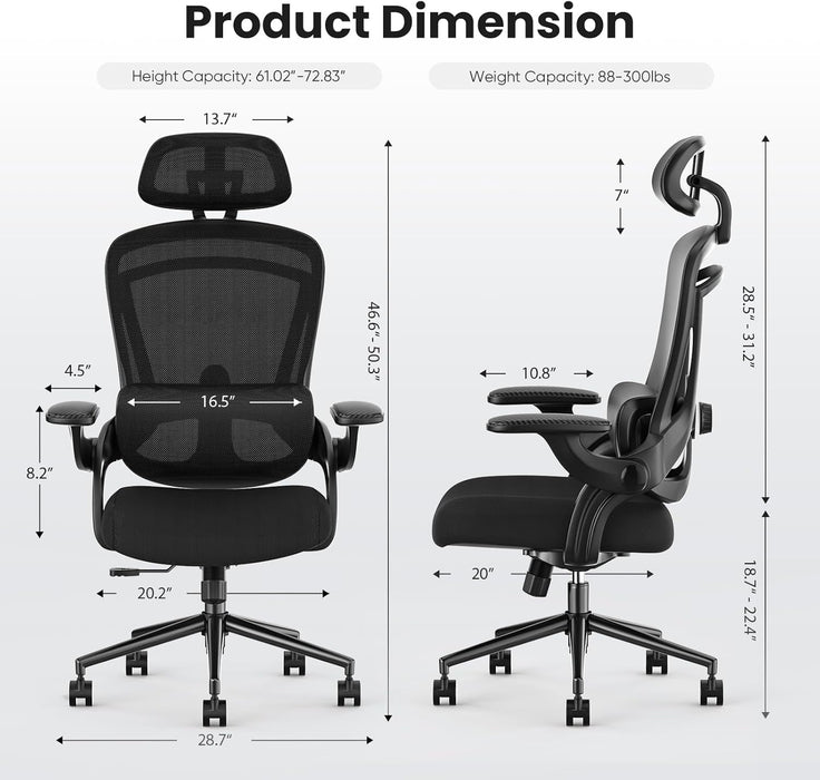 Sweetcrispy Ergonomic Mesh Office Chair, High Back with 2D Headrest, Up&Down Lumbar Support, Swivel Computer Task Desk Chairs with Adjustable Flip-up Armrests, Black - new