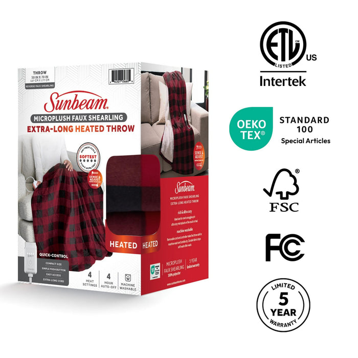 Sunbeam Electric Heated Throw Red/Black Plaid Microplush Faux Shearling 4 Heat 50x70 - new