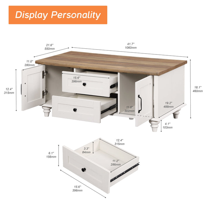 Farmhouse Coffee Table with Storage Cabinet & Drawer, White Center Table for Living Room - new