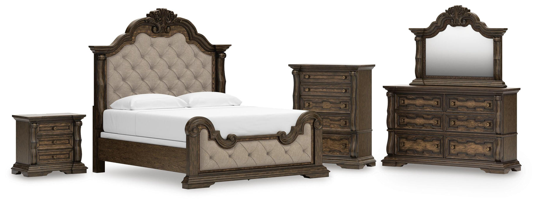 Maylee Dark Brown Maylee King Upholstered Bed, Dresser, Mirror, Chest and Nightstand - Brand New