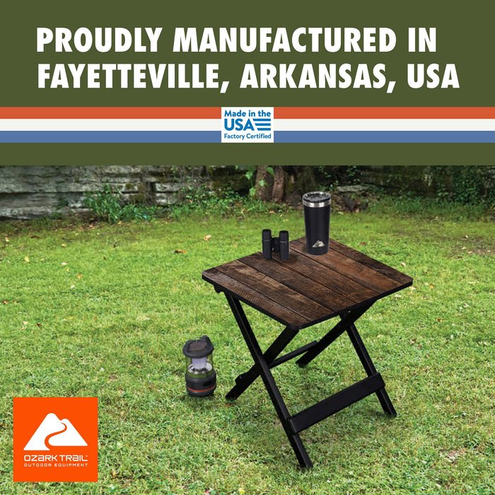 Ozark Trail 19-inch Plastic Folding Outdoor Camp Side Table, Brown Wood Print - new