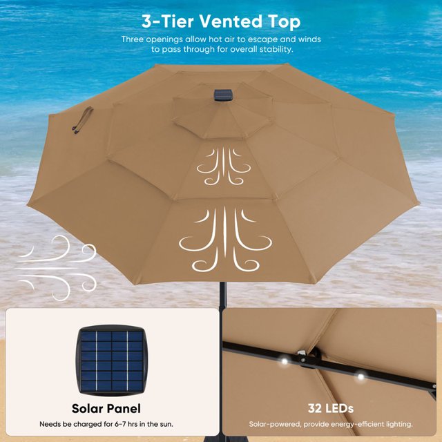 Gianna 10FT 3-Tier Solar Patio Umbrella with 32 LED Lights, Outdoor Umbrellas with Push Button Tilt and Crank,Khaki - new