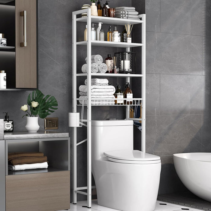 Over-The-Toilet Storage Rack, 4-Tier Bathroom Organizer Shelf Over Toilet with Adjustable Shelf and Basket, Freestanding Space Saver Bathroom Shelves Above Toilet for Room (Pure White) - new