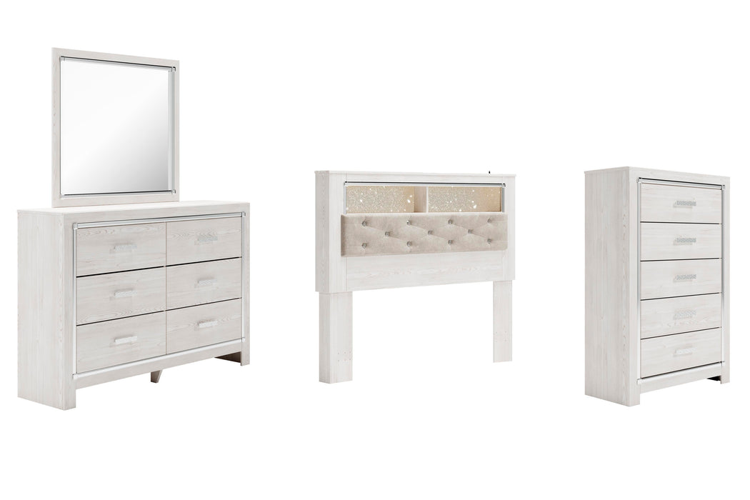Altyra White Altyra Queen Bookcase Headboard Bed with Mirrored Dresser and Chest