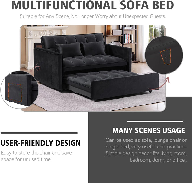 3 In 1 Velvet Convertible Sofa Bed, Pull Out Couch Bed with Reclining Backrest And 2 Pillows, 54" Full Size Loveseat Sleeper Sofa Futon Couch Bed, Couches For Small Spaces, Living Room (Black) - new