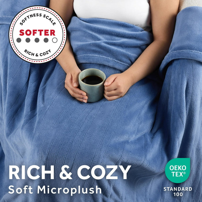 Sunbeam Electric Heated Throw Blanket Oversize Blue Corduroy Microplush 4 Heat Settings - open_box