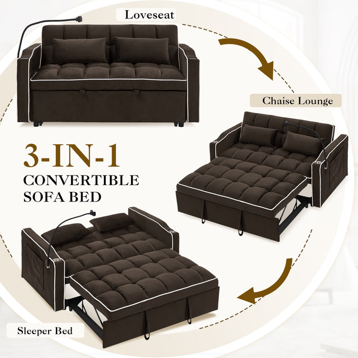 Dinosisco 3-in-1 Convertible Loveseat Sleeper, 55" Futon Sofa Bed with Phone Stand, USB, Brown Velvet - new