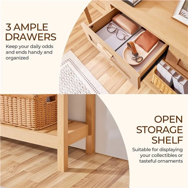 3-drawer Rattan-dotted Console Table with Bottom Shelf Light Brown - new