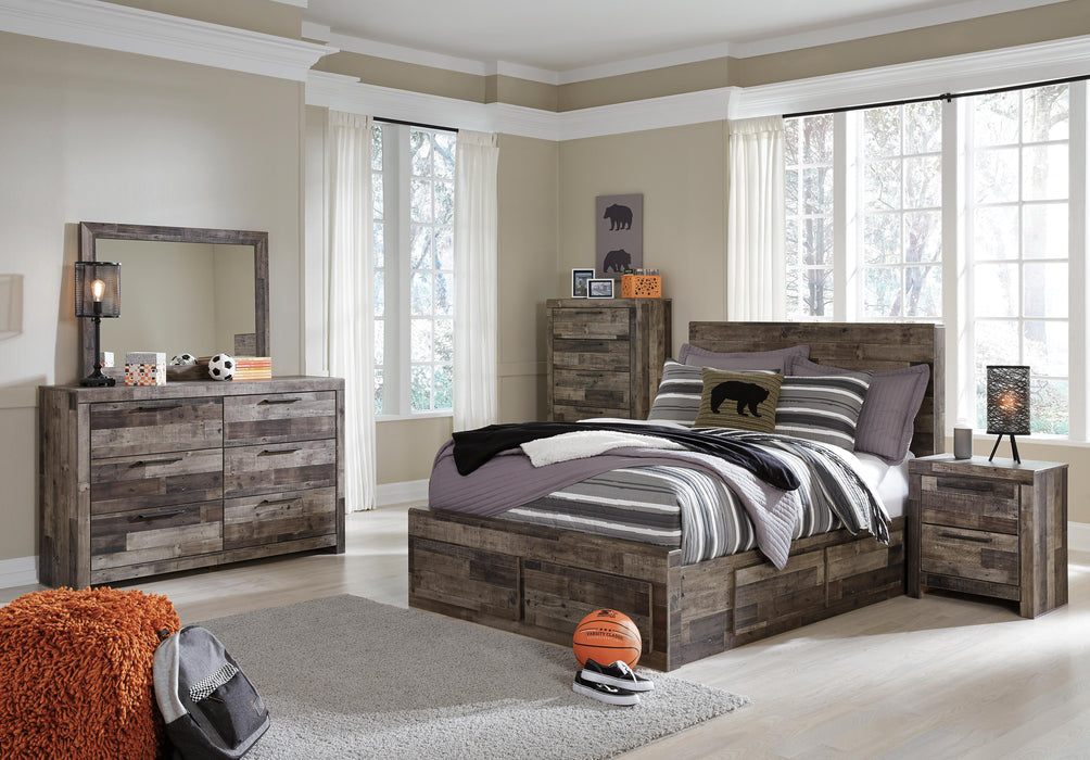 Derekson Multi Gray Derekson Full Panel Bed with 6 Storage Drawers with Mirrored Dresser, Chest and Nightstand
