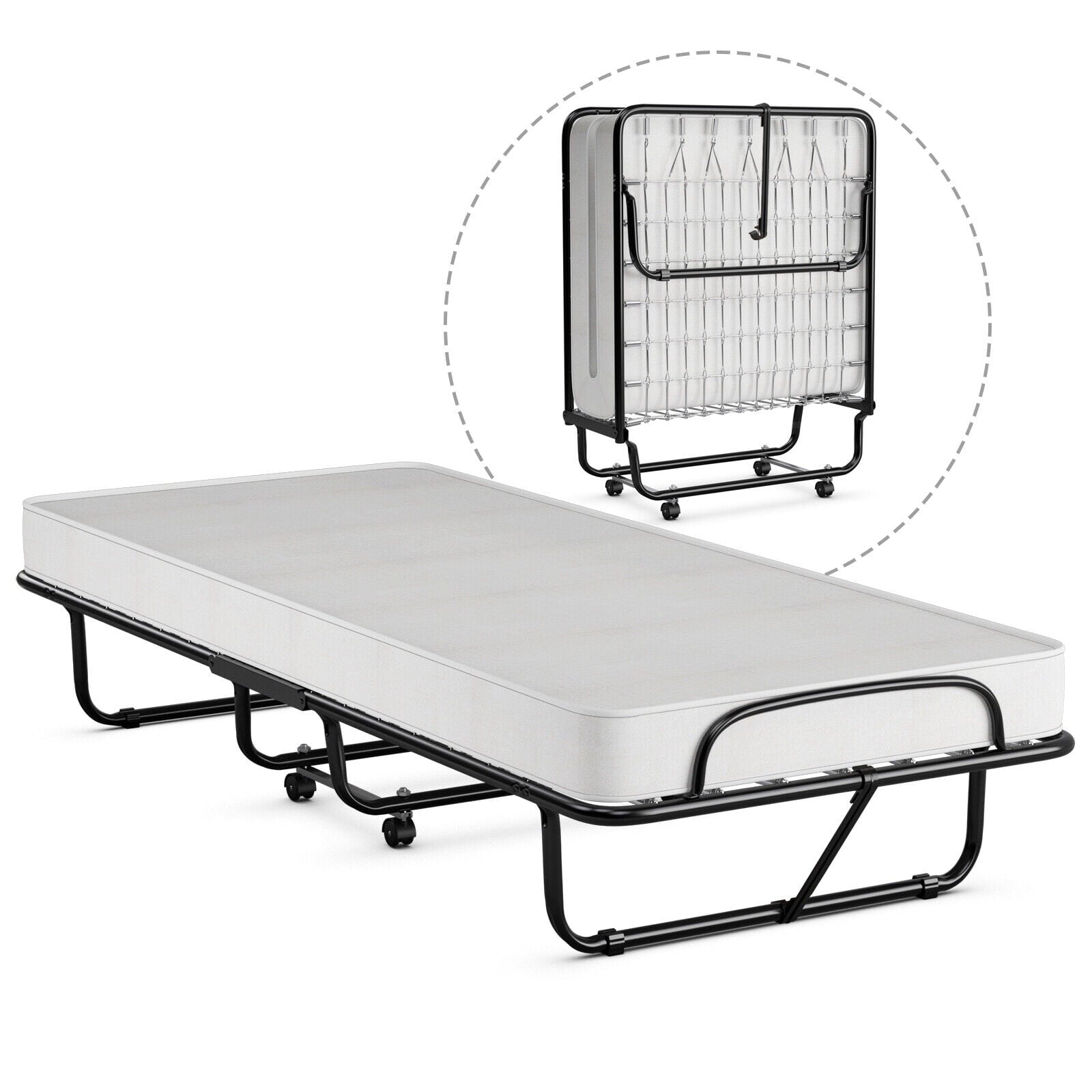 Gymax Rollaway Folding Metal Bed Memory Foam Mattress Cot Guest Made in Italy - open_box