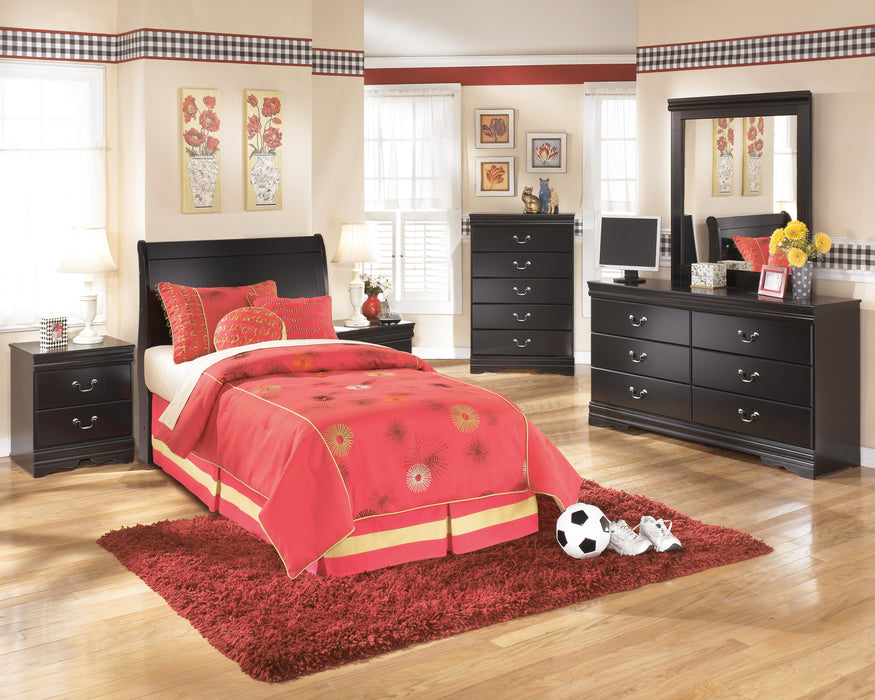 Huey Vineyard Black Huey Vineyard Twin Sleigh Headboard Bed with Mirrored Dresser, Chest and Nightstand