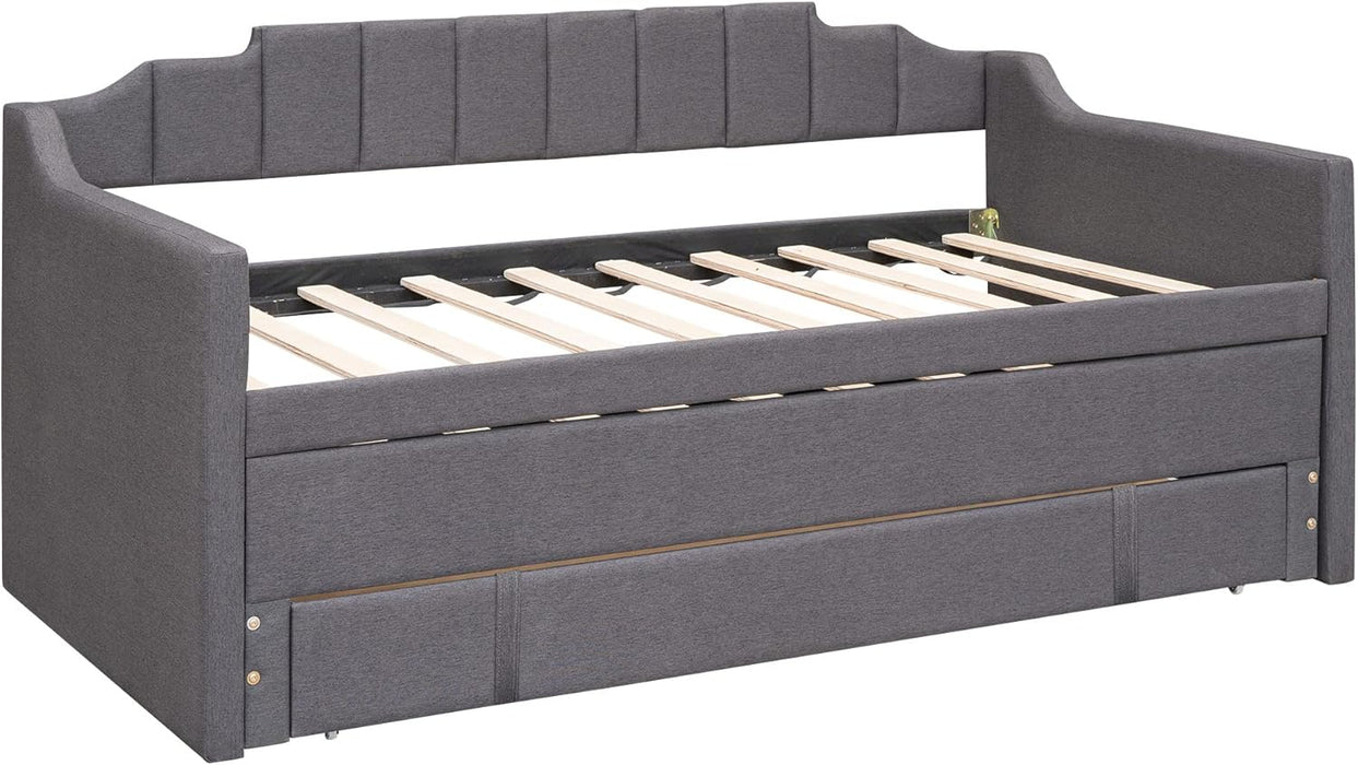 Upholstered Daybed with Trundle, Twin Size Bed Frame with 3 Storrage Drawers or Boys Girls Bedroom (Grey) 2 Boxes - new