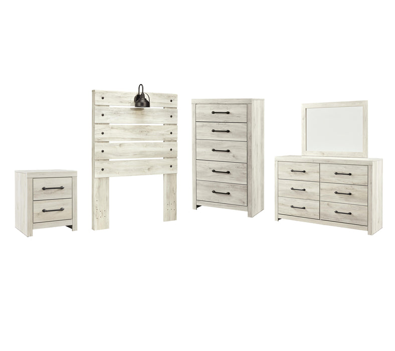 Cambeck Whitewash Cambeck Twin Panel Headboard Bed with Mirrored Dresser, Chest and Nightstand