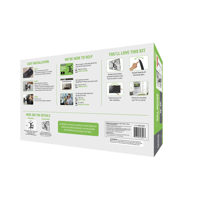 SANUS VuePoint Full-Motion TV Wall Mount for TVs 26"-65" up to 55 lbs, Comes with 9.8' 4K HDMI Cable - new
