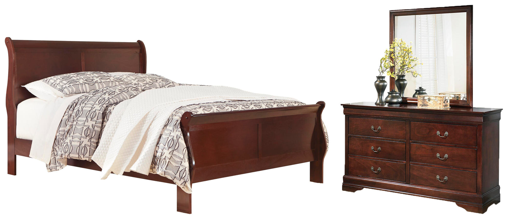 Alisdair Reddish Brown Alisdair California King Sleigh Bed with Mirrored Dresser - Brand New