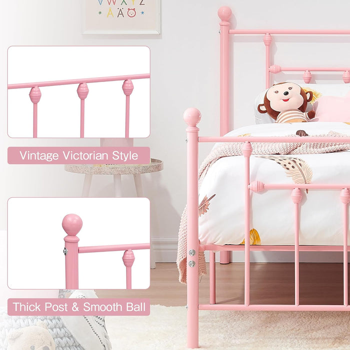 VECELO Twin Size Metal Platform Bed Frame with Headboard and Footboard, Heavy Duty Slat Support/No Box Spring Needed Mattress Foundation/Underbed Storage Space, Victorian Style - new