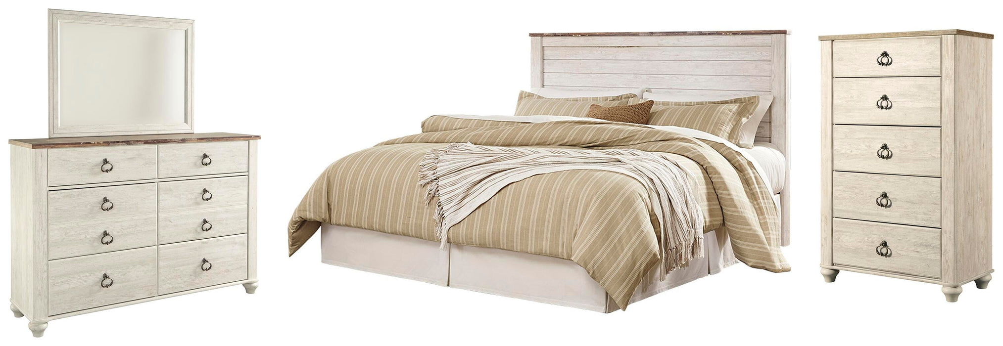 Willowton Whitewash Willowton King/California King Panel Headboard Bed with Mirrored Dresser and Chest