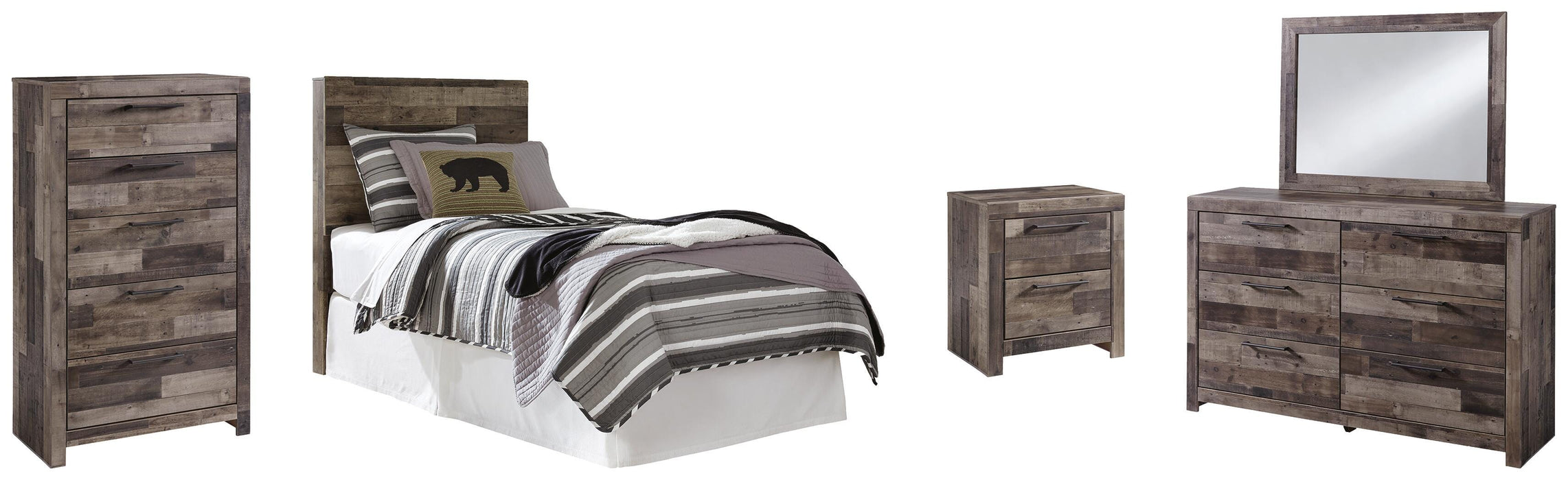 Derekson Multi Gray Derekson Twin Panel Headboard Bed with Mirrored Dresser, Chest and Nightstand