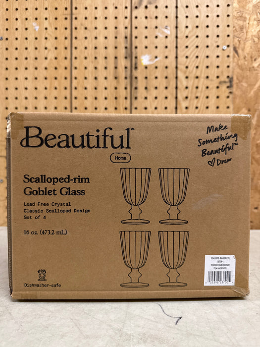 Beautiful Scallop Set of 4 Glass Goblet Clear by Drew Barrymore - new
