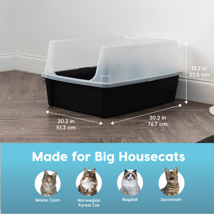 IRIS USA Extra Large Cat Litter Box, Open Top Litter Box for Big Cats and Multi-Cat Households, High Sided Scatter Shield, Easy to Clean, Black - new