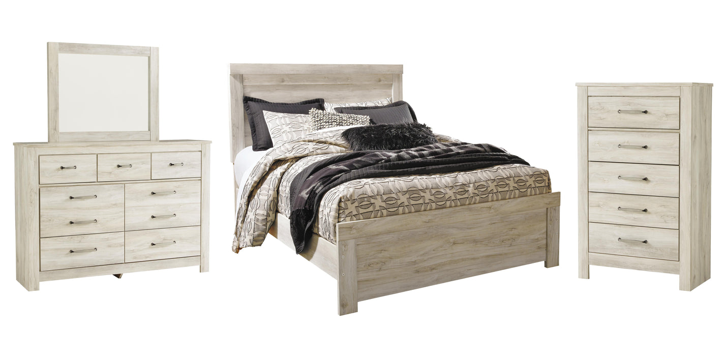 Bellaby Whitewash Bellaby Queen Panel Bed with Mirrored Dresser and Chest - Brand New