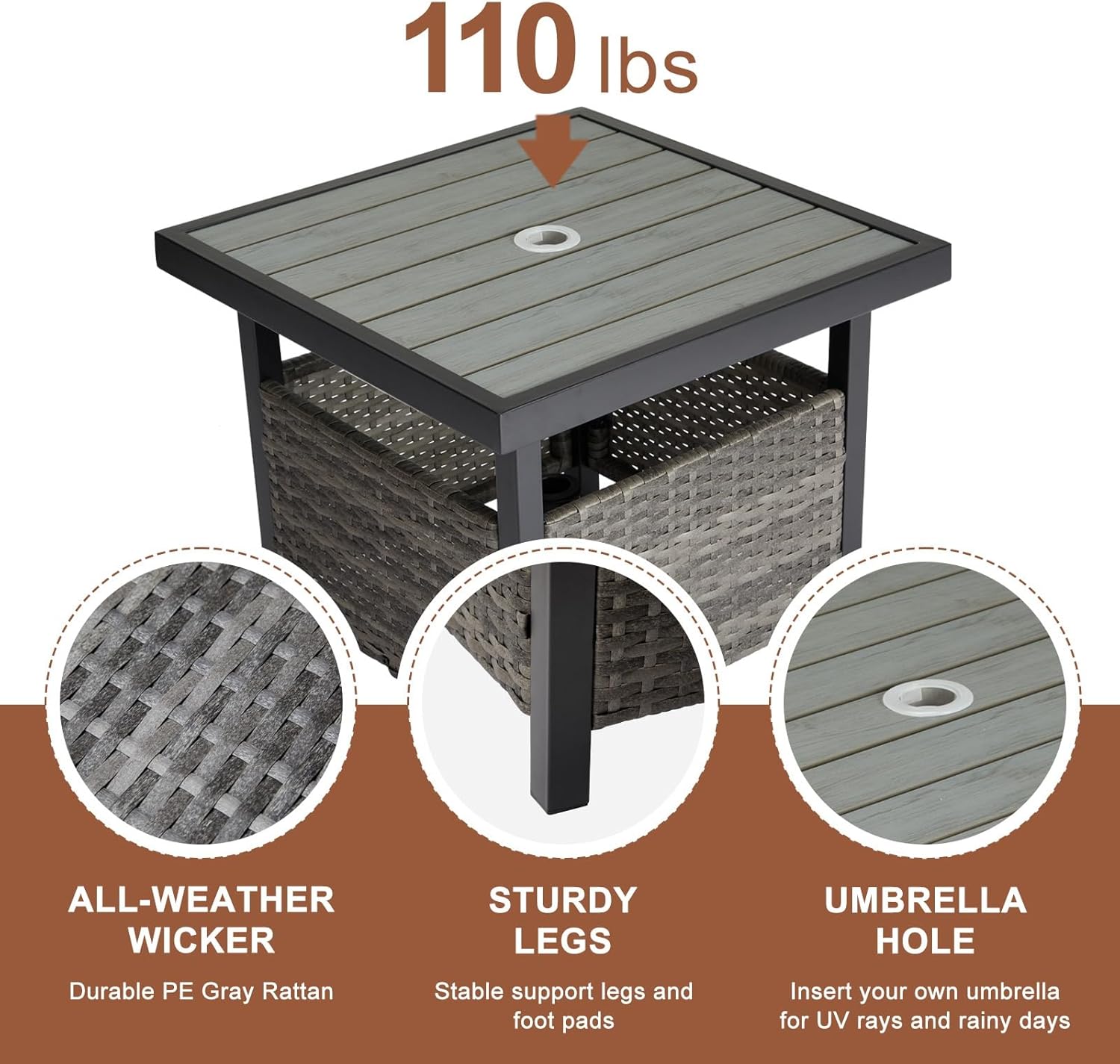 Outdoor Wicker Side Table with Umbrella Hole & Storage Space, Square PE Rattan Bistro Table, Heavy-Duty Steel Frame, for Patio Garden Poolside Deck - new