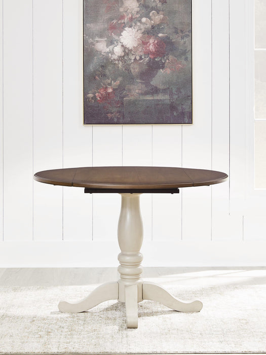 Mellintine Antique White/Brown Round DRM Drop Leaf Table