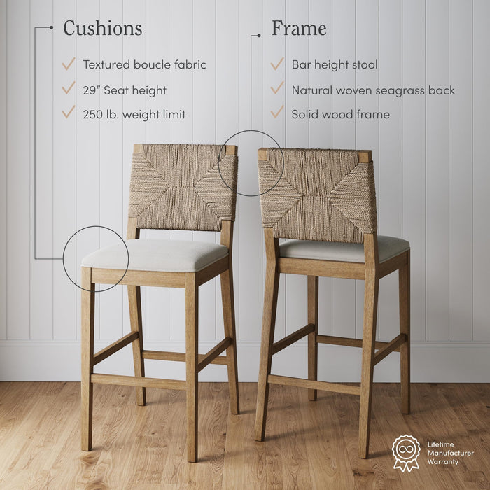 Nathan James Beacon Bohemian Boucle Bar Stool with Back, Bar Height Kitchen Island Chair, Seagrass Bar Stool, Cream Boucle/Brushed Light Brown - new