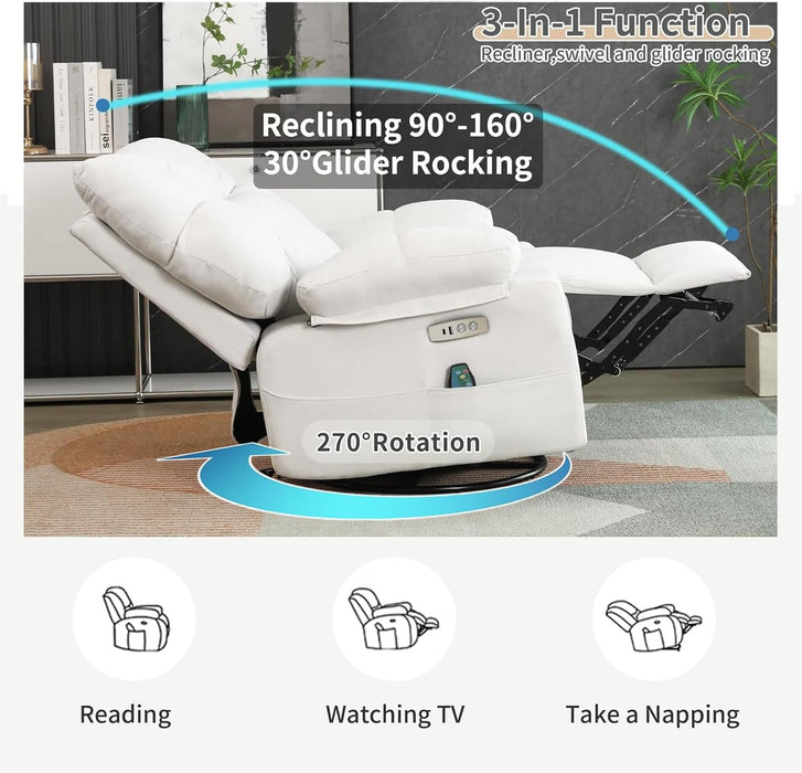 EDWELL White Power Recliner Chair, Swivel Rocking Recliner Chairs for Adults with Massage and Heated, Soft Single Reclining Swivel Sofa with USB, USB-C Ports for Living Room - use_like_new