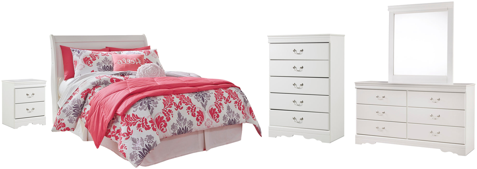 Anarasia White Anarasia Full Sleigh Headboard, Dresser, Mirror, Chest and Nightstand
