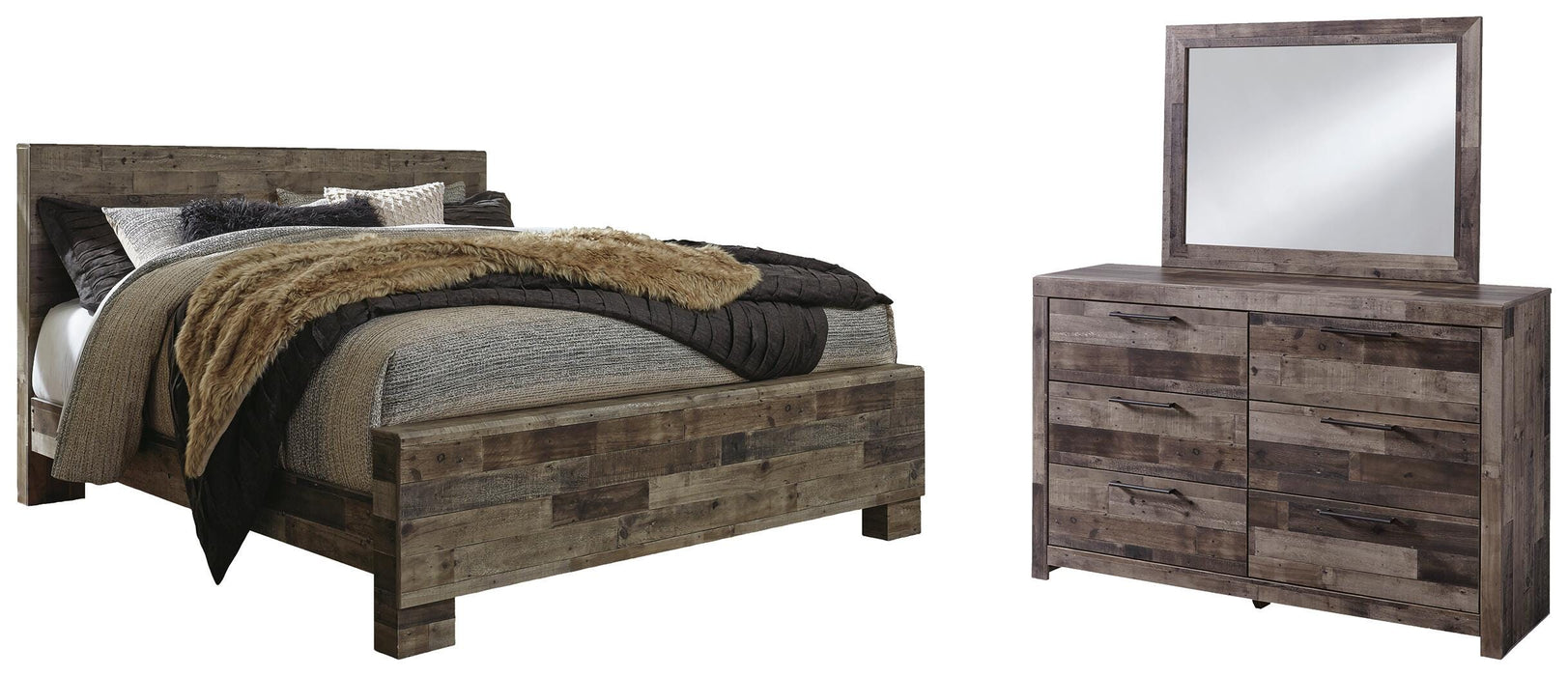 Derekson Multi Gray Derekson King Panel Bed with Mirrored Dresser