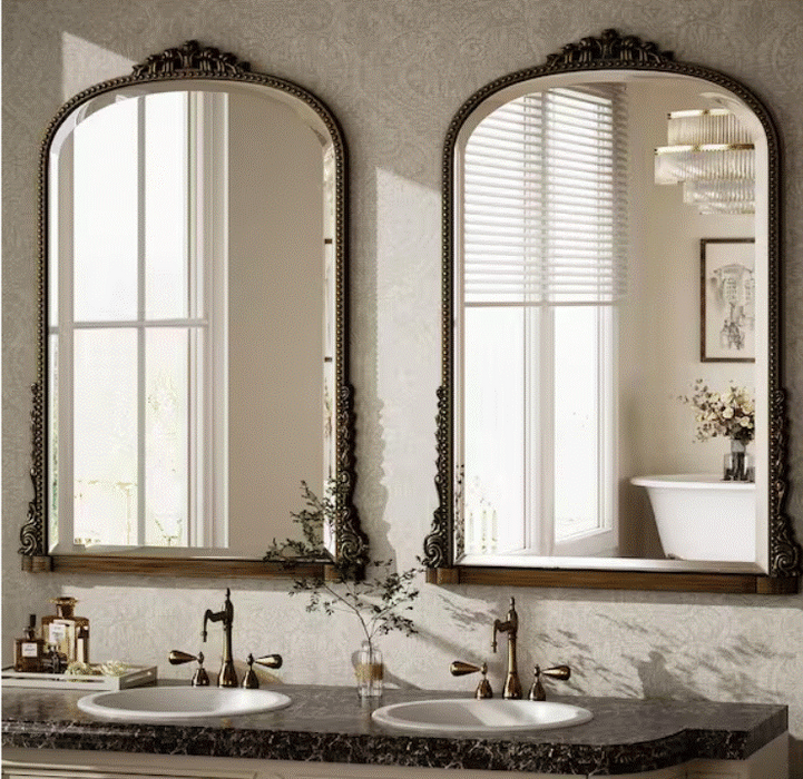 Antique Bronze 28 in. W x 40 in. H Arched Modern Polyurethane Framed with Decoration Antique Vanity Mirror Wall Mirror - new