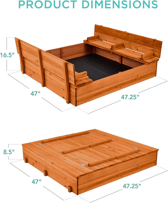 Best Choice Products Kids' Outdoor Wooden Sandbox Large, Cedar Wood with Foldable Bench Seats and Sand Protection, Bottom Liner Included - Brown - open_box